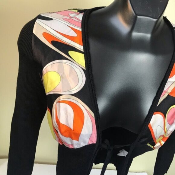EMILIO PUCCI Silk Graphic Abstract Print Tie Front Cardigan Knit Sweater Top 8 - Picture 8 of 16
